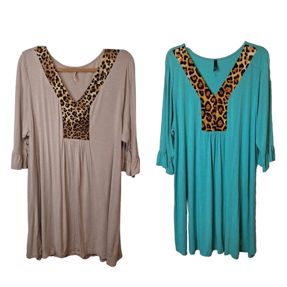 Voll Womens Tunic Tops Sz 3XL Tan Green Cheetah Print V Neck 3/4 Sleeve Lot Of 2